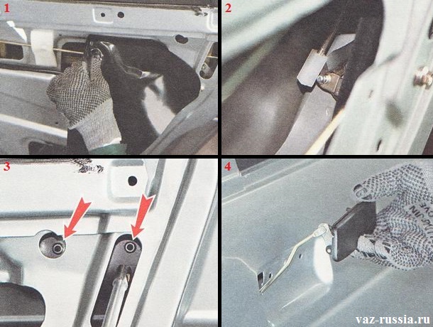 Снятие полиэтиленовой плёнки с внутренней двери автомобиля, а так же отсоединение тяги от ручки и выворачивание двух гаек её крепления и снятие её с автомобиля